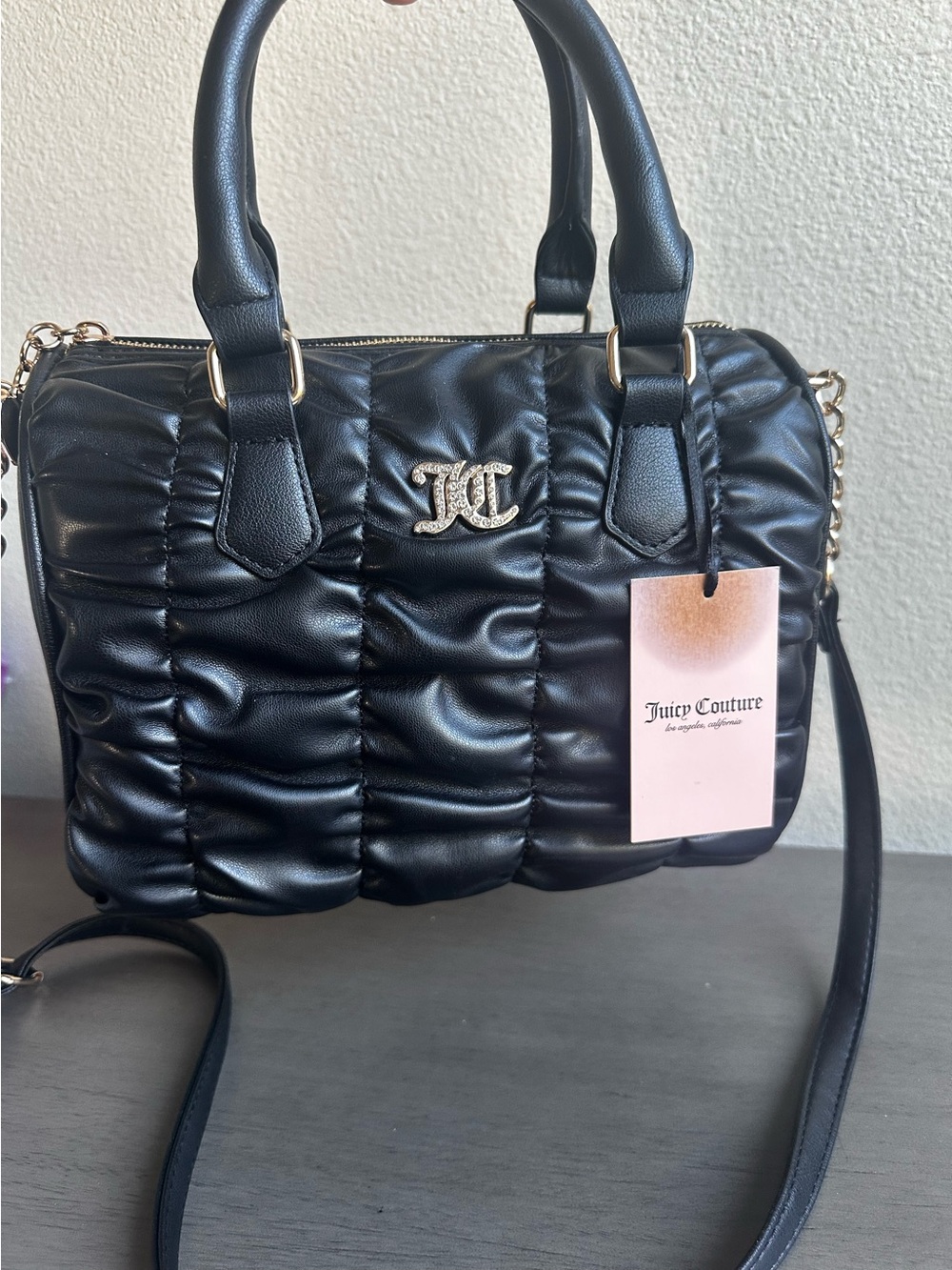 New• Juicy Couture “Run the World” Zip Closure Quilted Barrel Satchel.